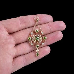 Antique Edwardian Peridot Pearl Pendant 15ct Gold