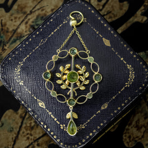 Antique Edwardian Peridot Pearl Pendant 15ct Gold