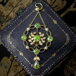 Antique Edwardian Peridot Pearl Pendant 15ct Gold