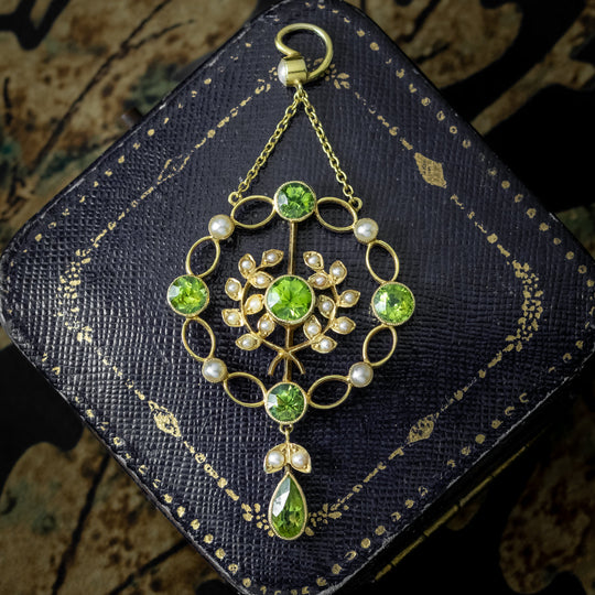 Antique Edwardian Peridot Pearl Pendant 15ct Gold