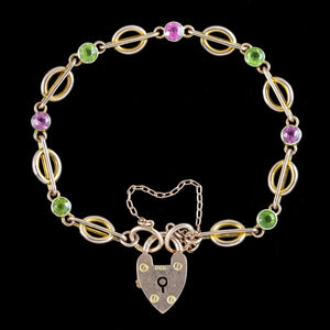 Antique Edwardian Peridot Tourmaline Bracelet With Heart Padlock 