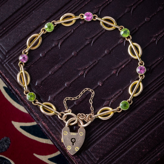 Antique Edwardian Peridot Tourmaline Bracelet With Heart Padlock