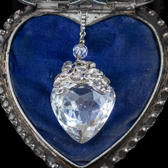 Antique Edwardian Rock Crystal Heart Pendant Arts And Crafts Silver Top