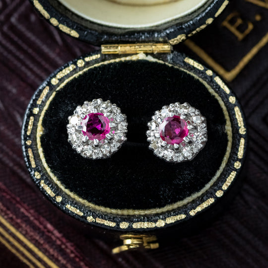 Antique Edwardian Ruby Diamond Cluster Stud Earrings