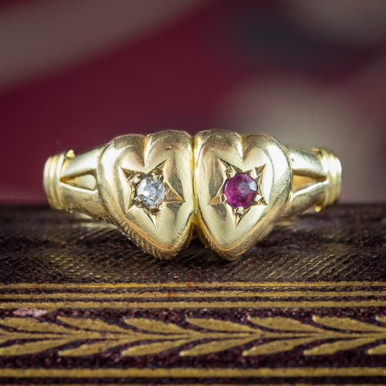 Antique Edwardian Ruby Diamond Entwined Heart Ring Dated 1902