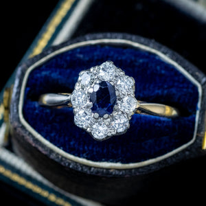 Antique Edwardian Sapphire Diamond Cluster Ring 0.30ct Blue Sapphire