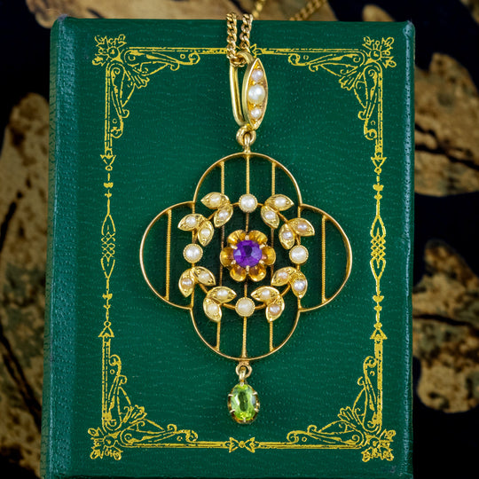 Antique Edwardian Suffragette Pendant Necklace 15ct Gold 9ct Chain