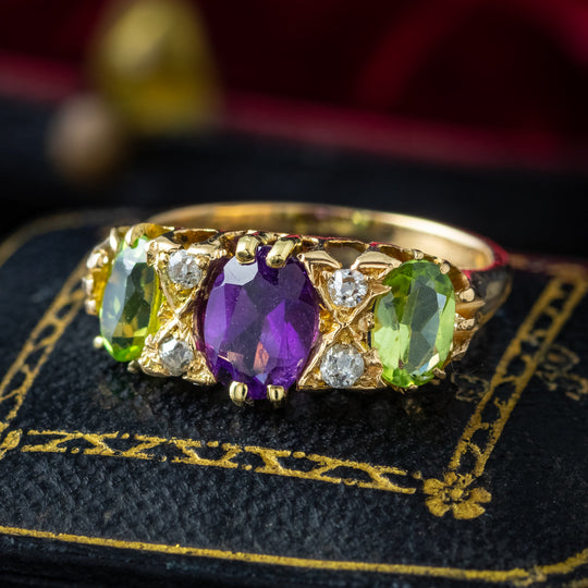 Antique Edwardian Suffragette Ring Amethyst Peridot Diamond