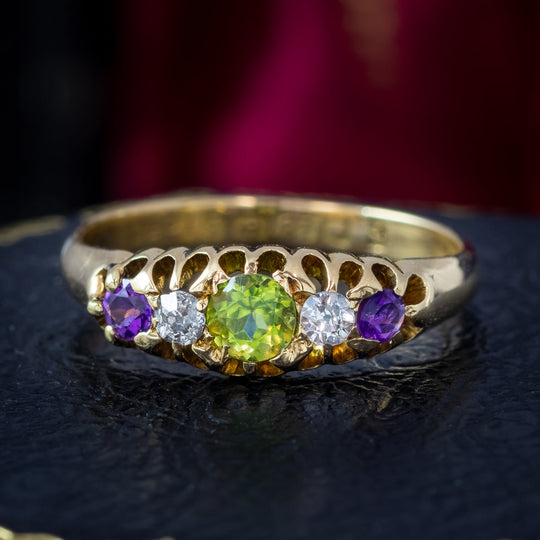 Antique Edwardian Suffragette Ring Amethyst Peridot Diamond