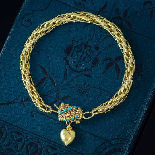 Antique Edwardian Turquoise Heart Charm Bracelet Silver 18ct Gold Gilt