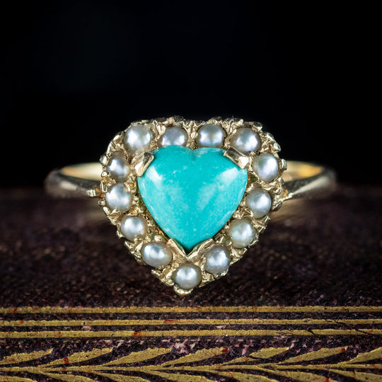 Antique Edwardian Turquoise Pearl Heart Ring