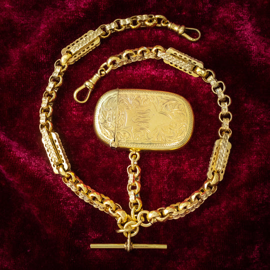 Antique Edwardian Vesta Case Albert Chain Silver 18ct Gold Gilt Dated 1908