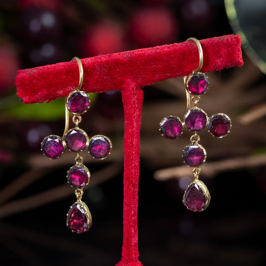 Antique Georgian Garnet Cross Drop Earrings 18ct Gold