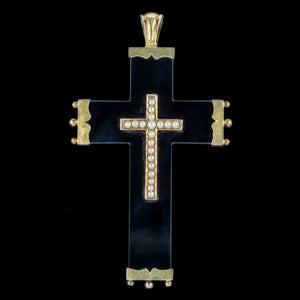 Antique Georgian Onyx Pearl Mourning Cross Pendant 18ct Gold