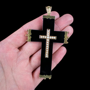 Antique Georgian Onyx Pearl Mourning Cross Pendant 18ct Gold