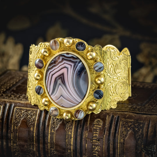 Antique Georgian Scottish Agate Cuff Bangle Pinchbeck Gold Gilt