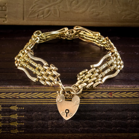 Antique Victorian 9ct Gold Gate Bracelet And Heart Padlock