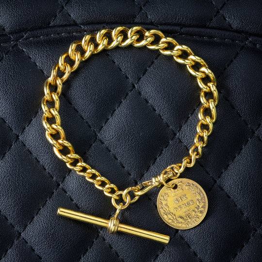 Antique Victorian Albert Chain Bracelet With Lucky Six Pence Coin
