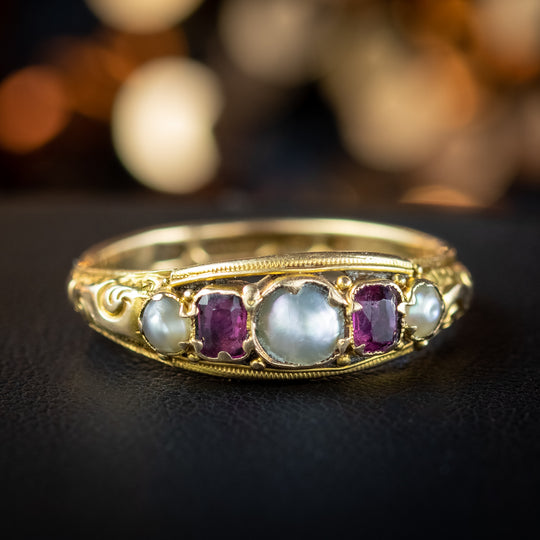 Antique Victorian Almandine Garnet Pearl Ring Dated 1871