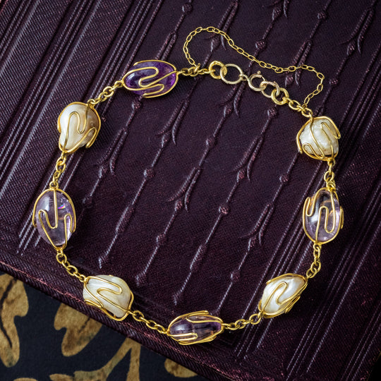 Antique Victorian Amethyst Baroque Pearl Bracelet 18ct Gold