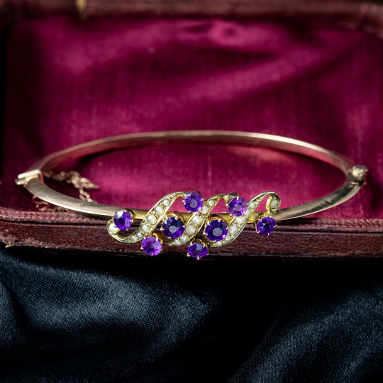 Antique Victorian Amethyst Pearl Bangle 9ct Gold