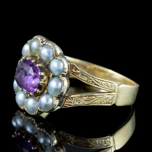 Antique Victorian Amethyst Pearl Cluster Ring 