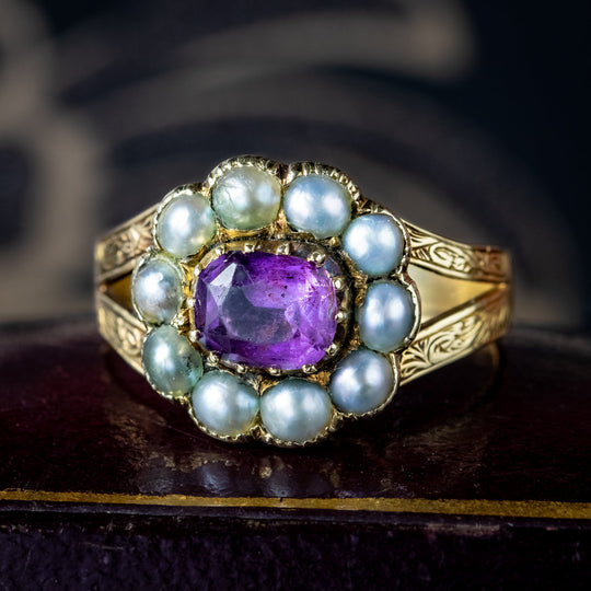 Antique Victorian Amethyst Pearl Cluster Ring