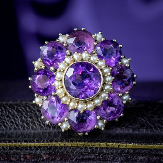 Antique Victorian Amethyst Pearl Flower Cluster Ring