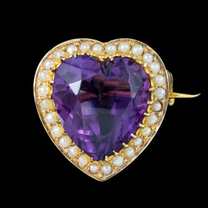 Antique Victorian Amethyst Pearl Heart Brooch 18ct Gold