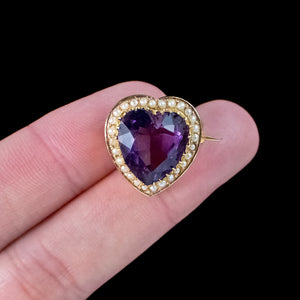 Antique Victorian Amethyst Pearl Heart Brooch 18ct Gold