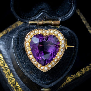 Antique Victorian Amethyst Pearl Heart Brooch 18ct Gold