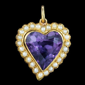 Antique Victorian Amethyst Pearl Witches Heart Pendant 15ct Gold