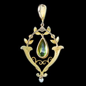 Antique Victorian Art Nouveau Peridot Pearl Pendant 15ct Gold