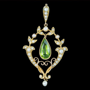 Antique Victorian Art Nouveau Peridot Pearl Pendant 15ct Gold