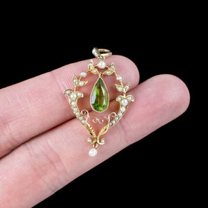 Antique Victorian Art Nouveau Peridot Pearl Pendant 15ct Gold