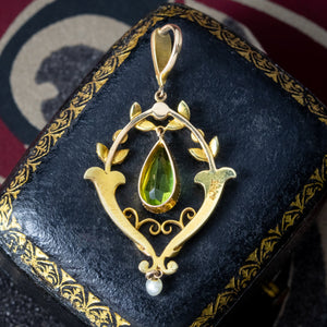 Antique Victorian Art Nouveau Peridot Pearl Pendant 15ct Gold