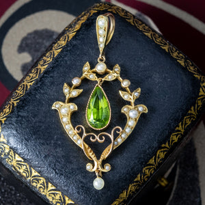 Antique Victorian Art Nouveau Peridot Pearl Pendant 15ct Gold