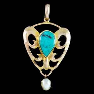 Antique Victorian Art Nouveau Turquoise Pearl Pendant 15ct Gold