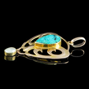 Antique Victorian Art Nouveau Turquoise Pearl Pendant 15ct Gold