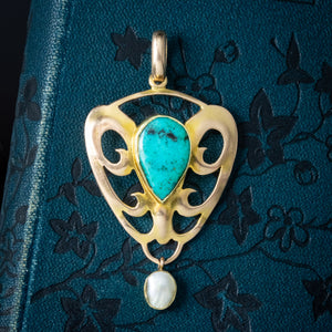 Antique Victorian Art Nouveau Turquoise Pearl Pendant 15ct Gold