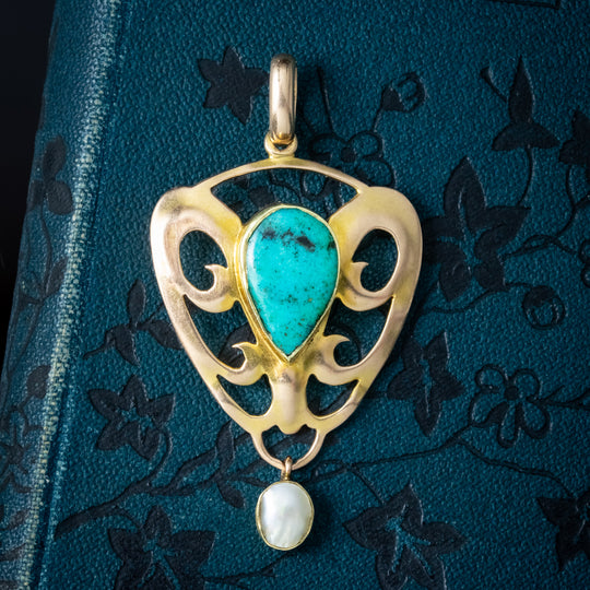 Antique Victorian Art Nouveau Turquoise Pearl Pendant 15ct Gold