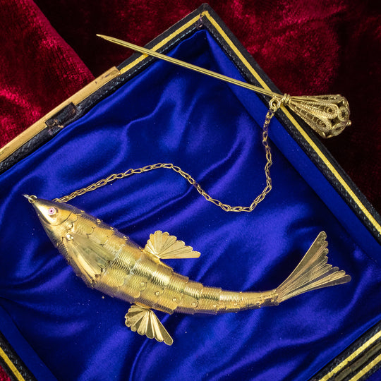 Antique Victorian Articulated Fish Stick Pin Silver 18ct Gold Gilt