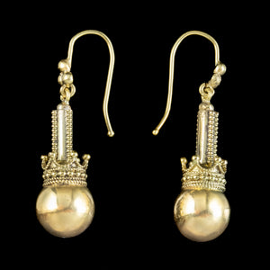 Antique Victorian Ball And Crown Drop Earrings 15ct Gold