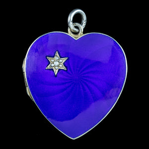 Antique Victorian Blue Guilloche Enamel Heart Locket Pearl Star