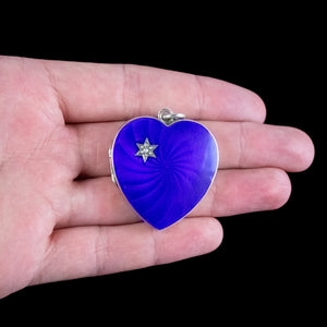 Antique Victorian Blue Guilloche Enamel Heart Locket Pearl Star