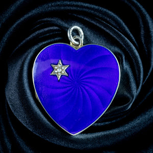 Antique Victorian Blue Guilloche Enamel Heart Locket Pearl Star