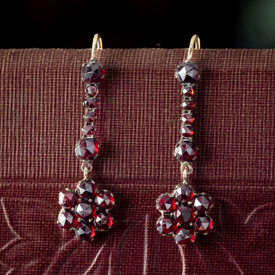 Antique Victorian Bohemian Garnet Flower Drop Earrings