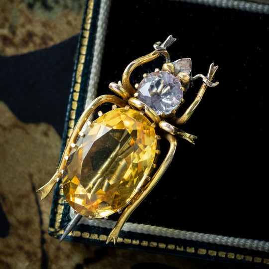 Antique Victorian Citrine Amethyst Beetle Brooch 9ct Gold
