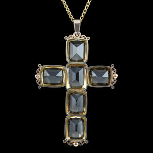 Antique Victorian Citrine Cross Pendant And Chain 15ct Gold