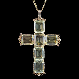 Antique Victorian Citrine Cross Pendant And Chain 15ct Gold